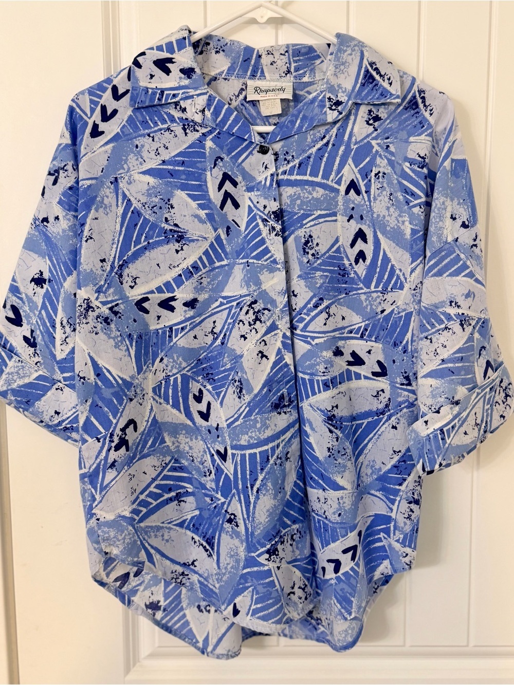 Vintage 1990s Rhapsody Blue Leaf Print Button-Up Blouse